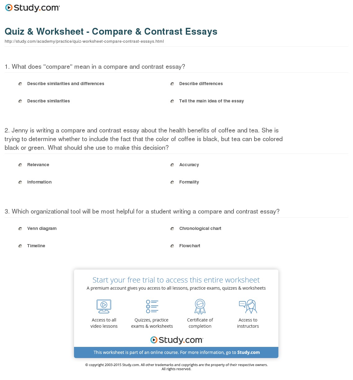 Topics To Compare Quiz Worksheet Compare Contrast Essays Com 17