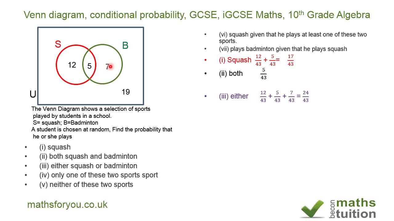 Venn Diagram, Conditional Probability, Gcse, Igcse Maths, 10th