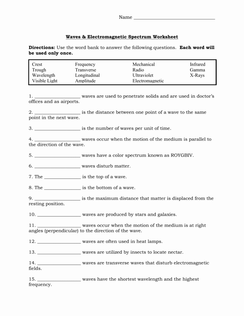 Waves & Electromagnetic Spectrum Worksheets Answer Key