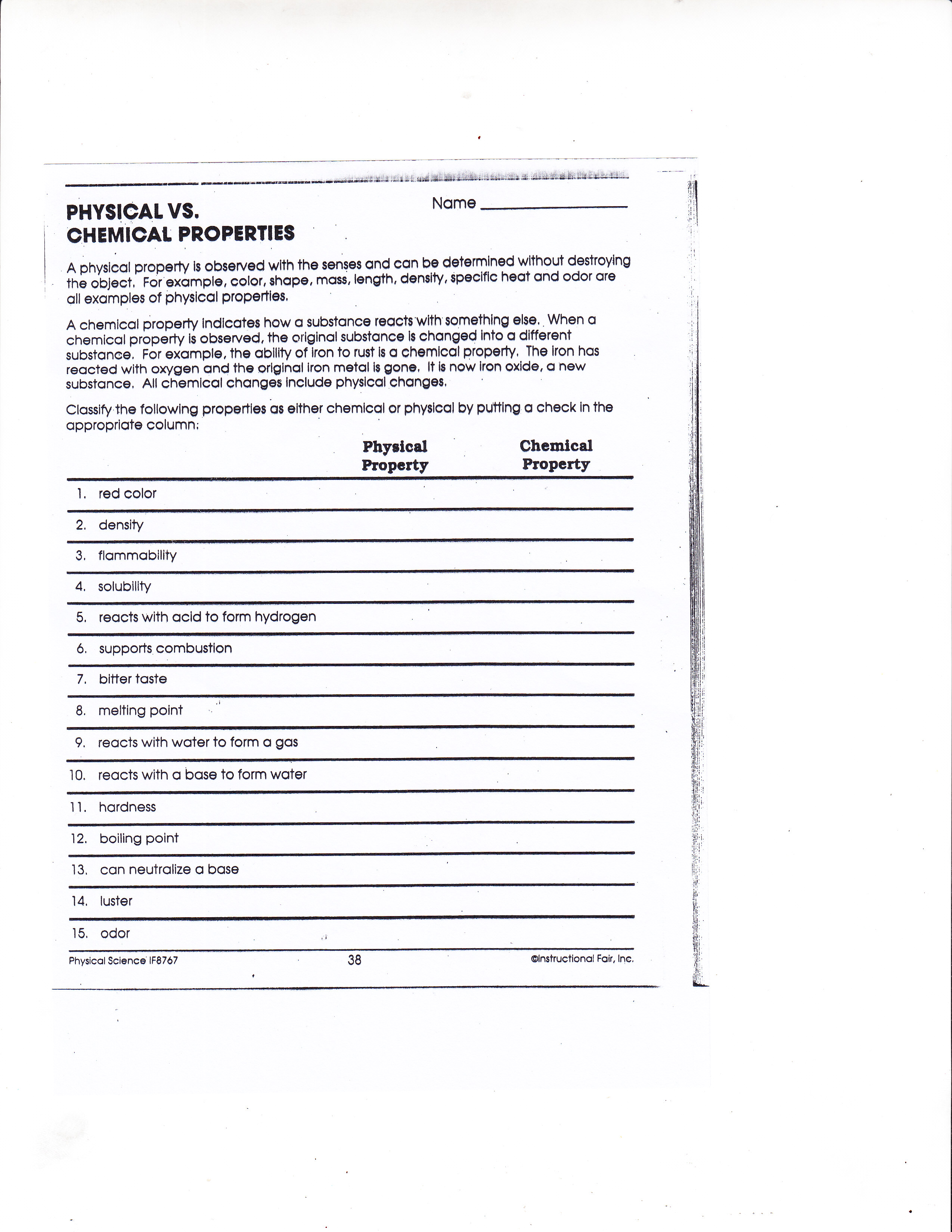 Worksheet  Physical And Chemical Properties Worksheet Answers