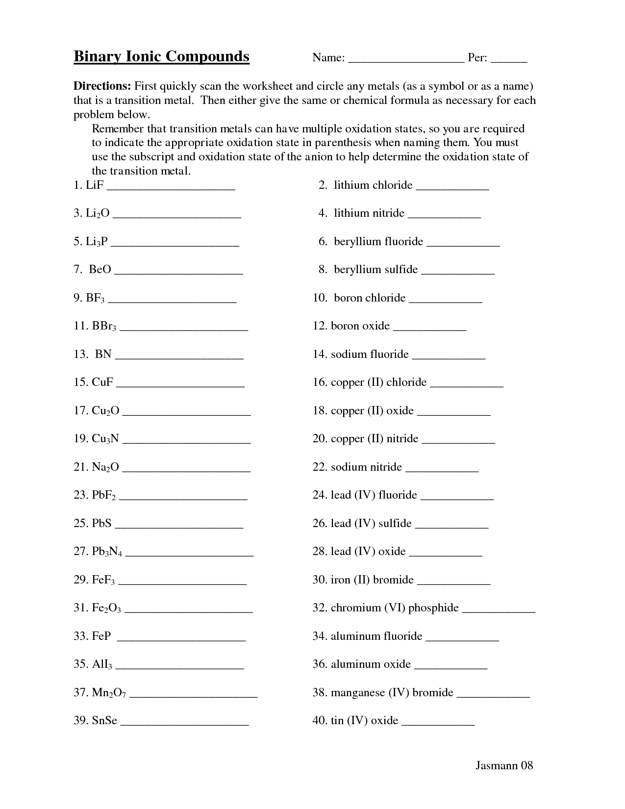 Worksheet  Simple Binary Ionic Compounds Worksheet 2 Answers