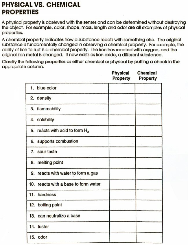 Worksheet On Chemical Vs Physical Properties And Changes