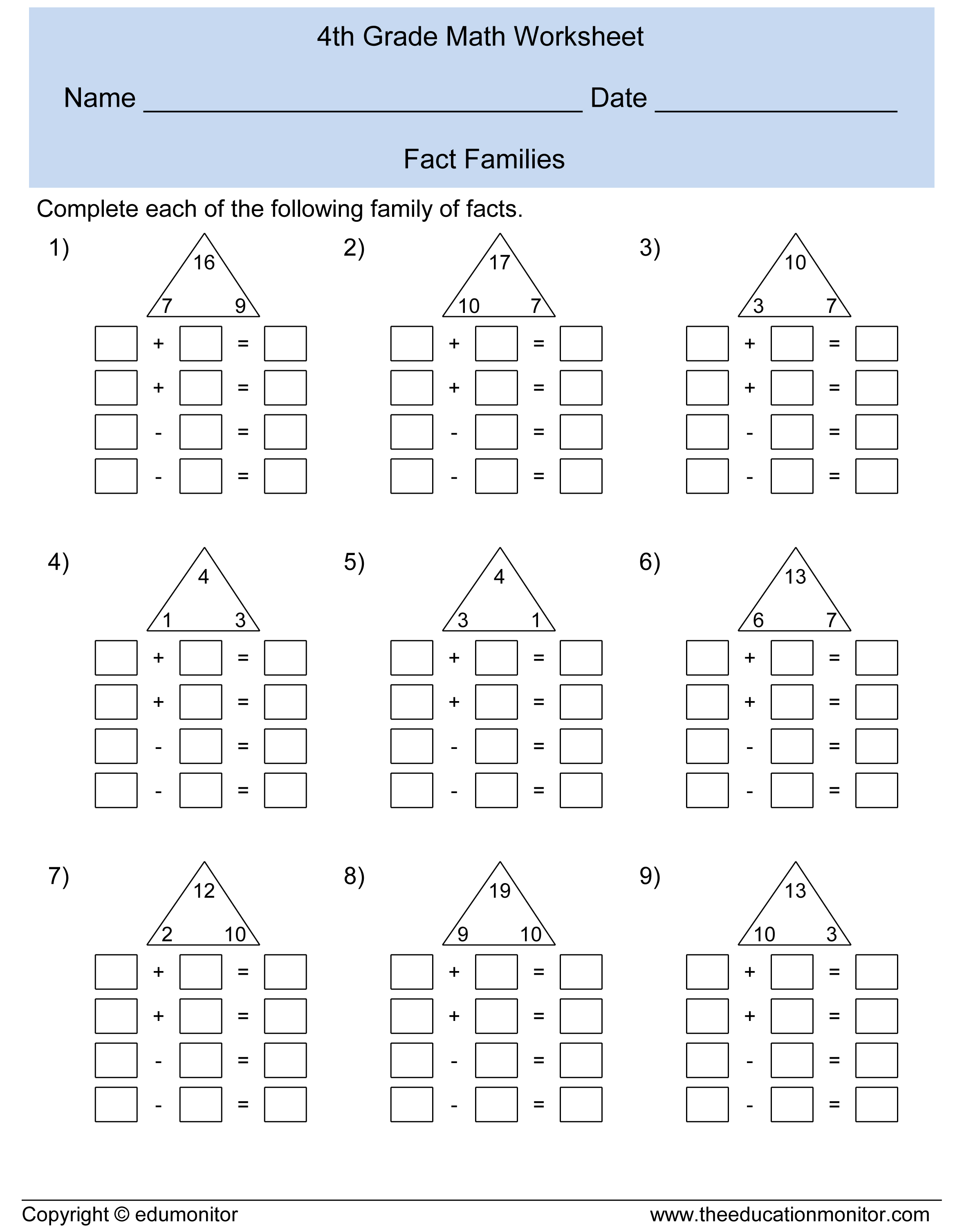 2nd Grade Math Worksheets Fact Families 495198