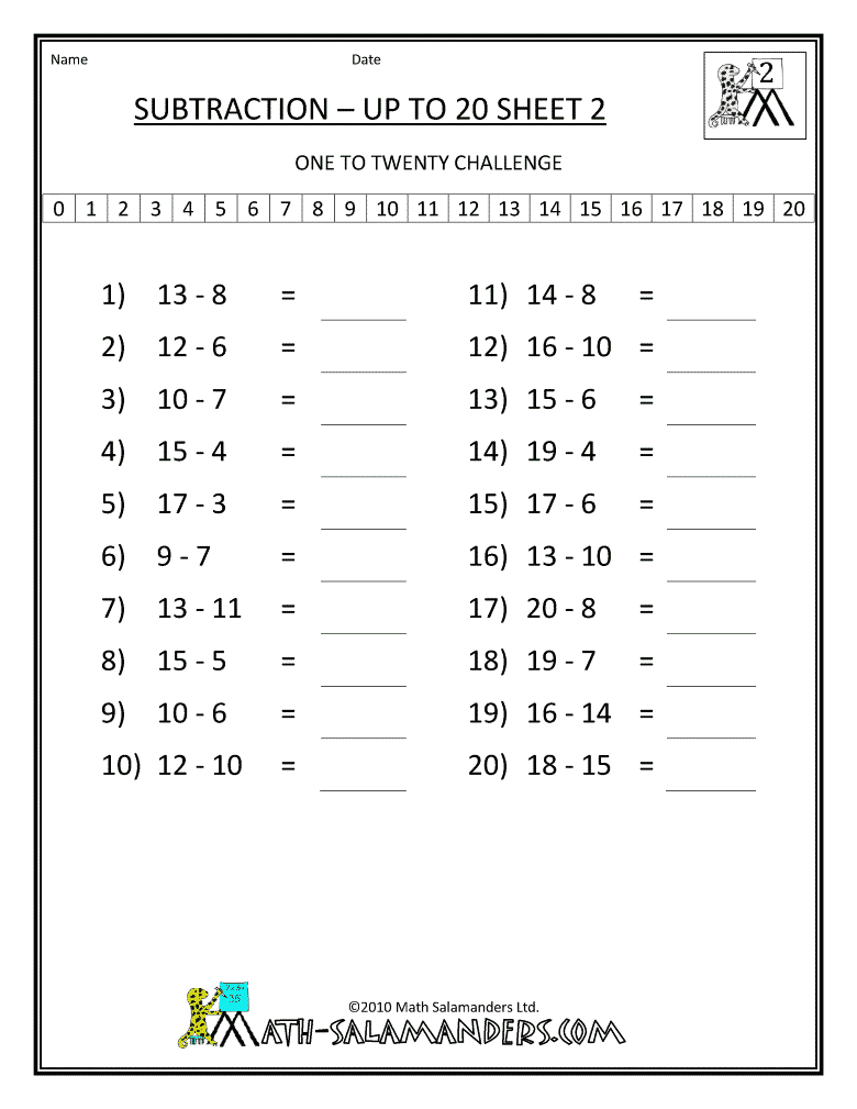 2nd Grade Math Worksheets Mental Subtraction To 20 2