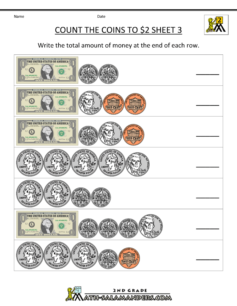 2nd Grade Money Worksheets Up To $2