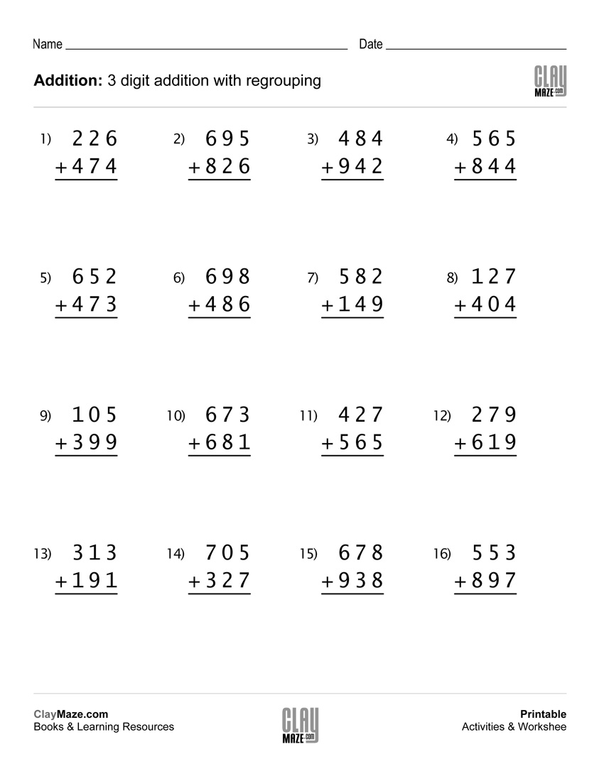 3 Digit Addition Worksheet With Regrouping (set 3)