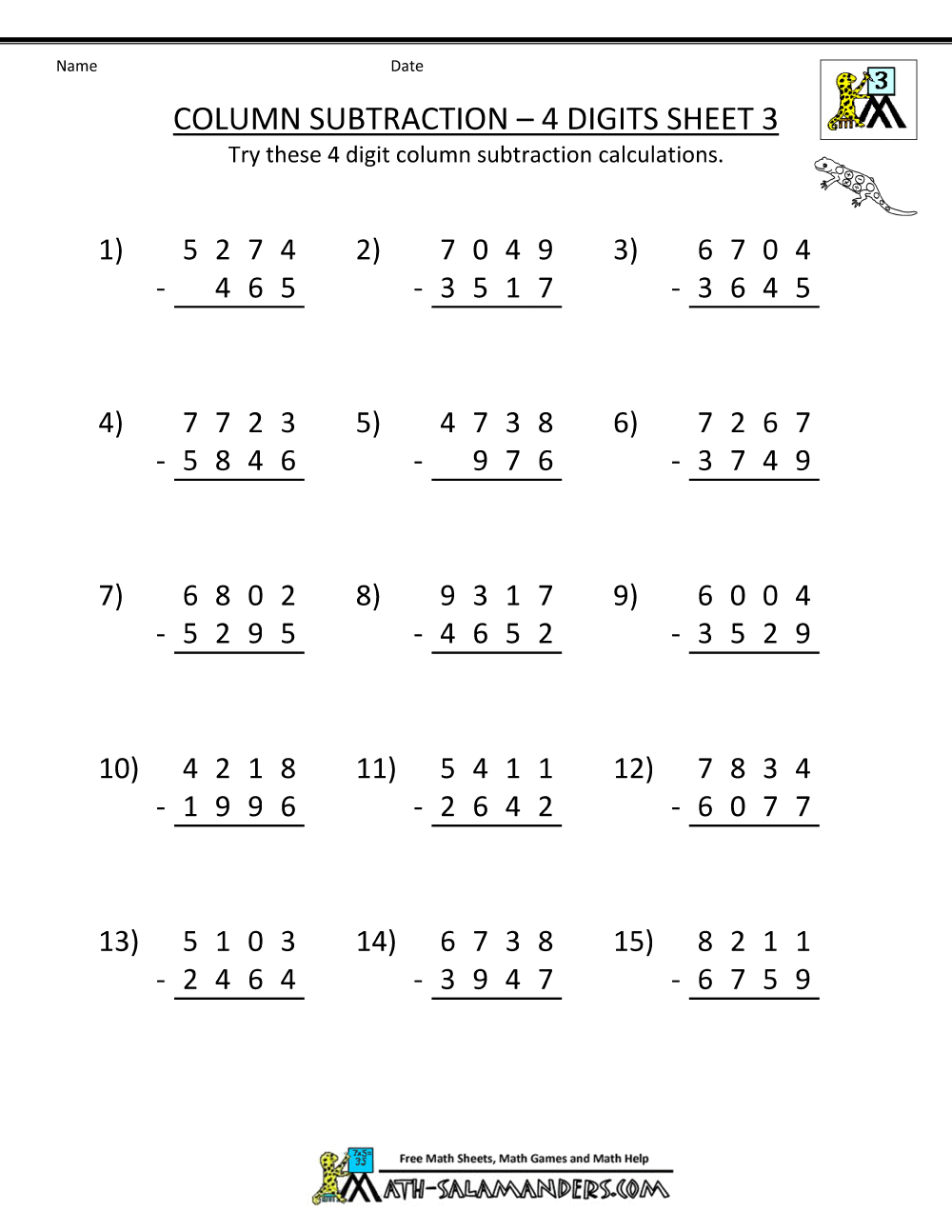 4 Digit Subtraction Worksheets
