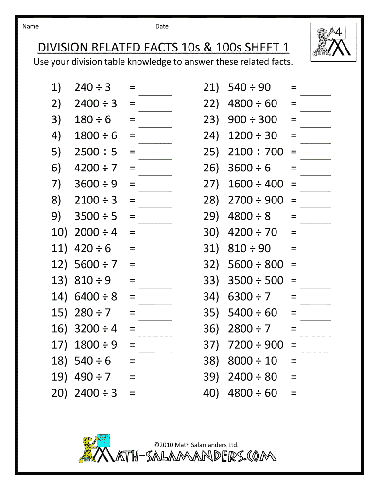 4th Grade Math Printable Worksheets Free Library Division Table