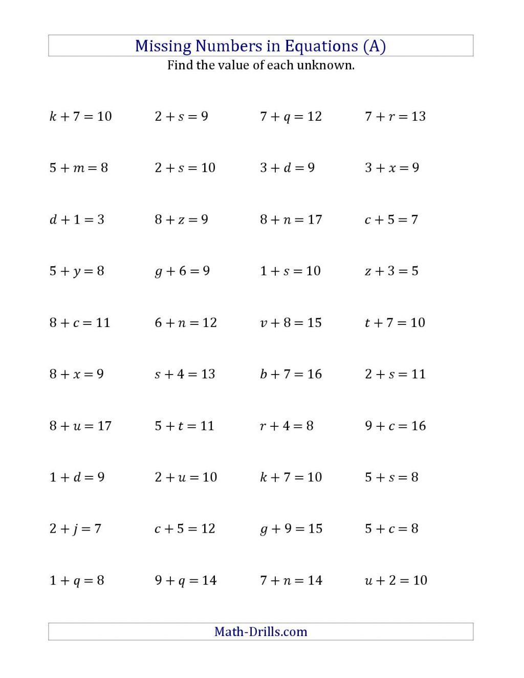 Algebra Missing Numbers Addition 0109 Variables 001 Pinde Math