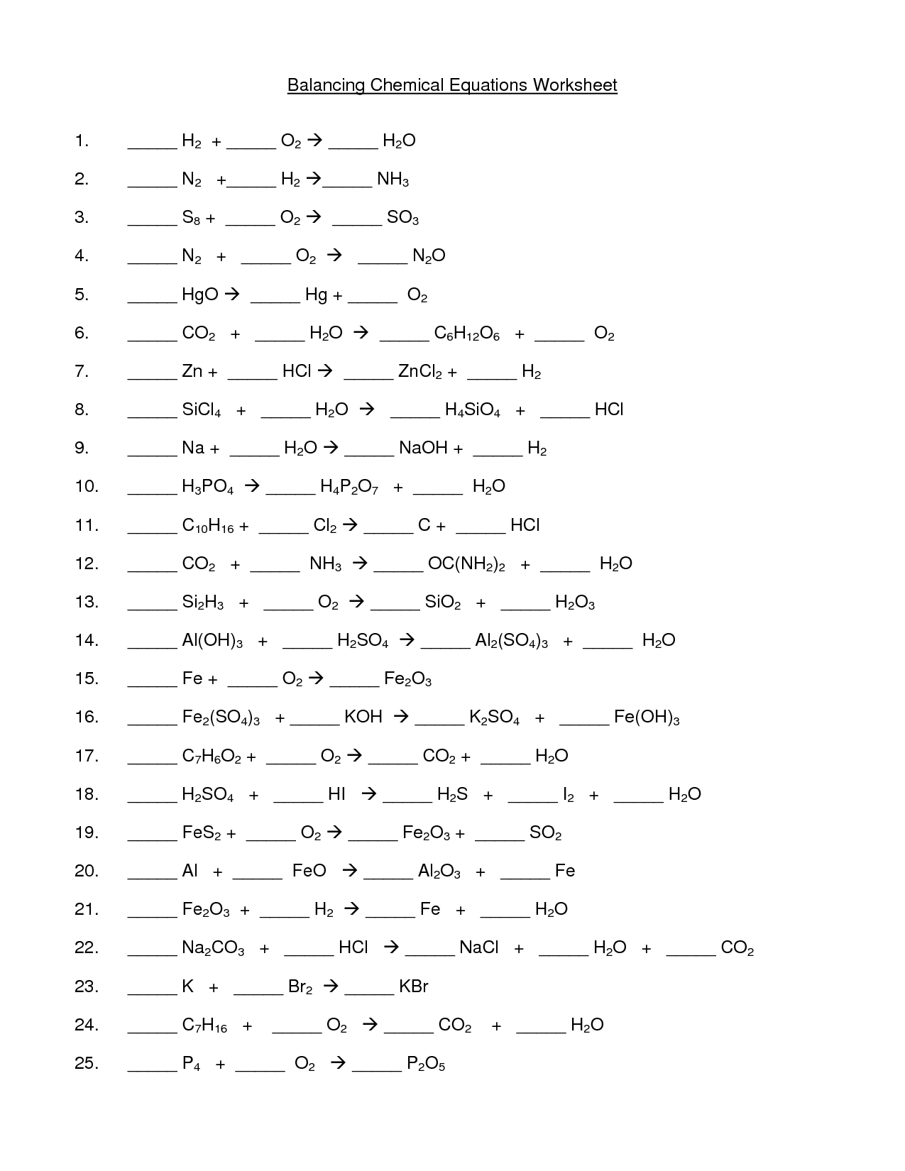 Balancing Equations Examples Worksheet