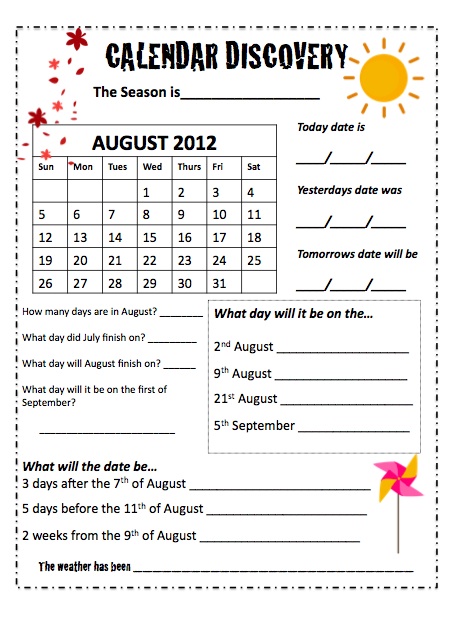 Calendar Worksheets For Second Grade