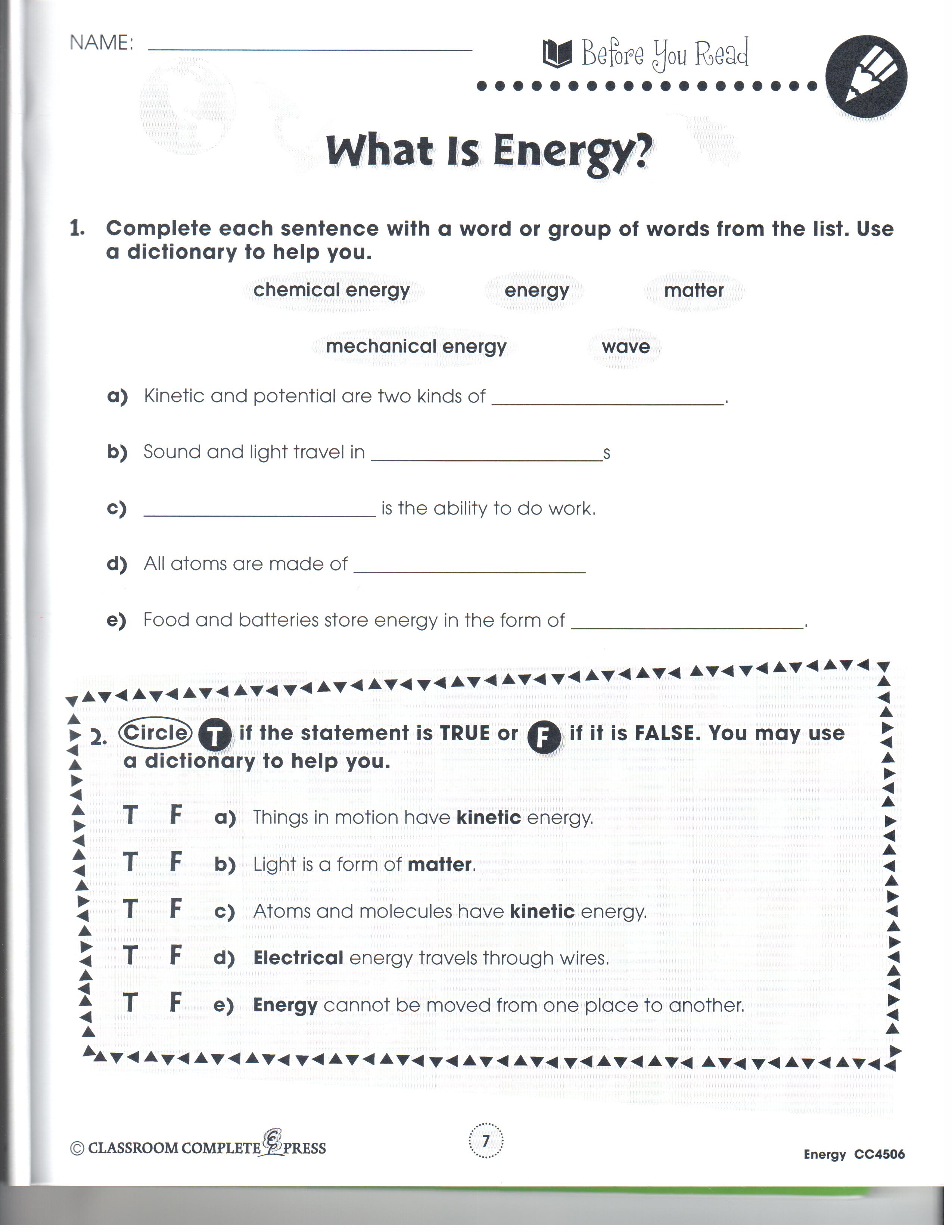 Chemical Energy Worksheet Middle School