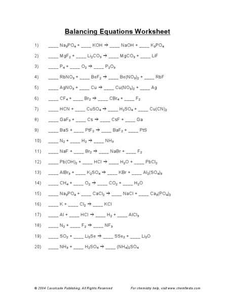 Chemistry Worksheet Balancing Equations