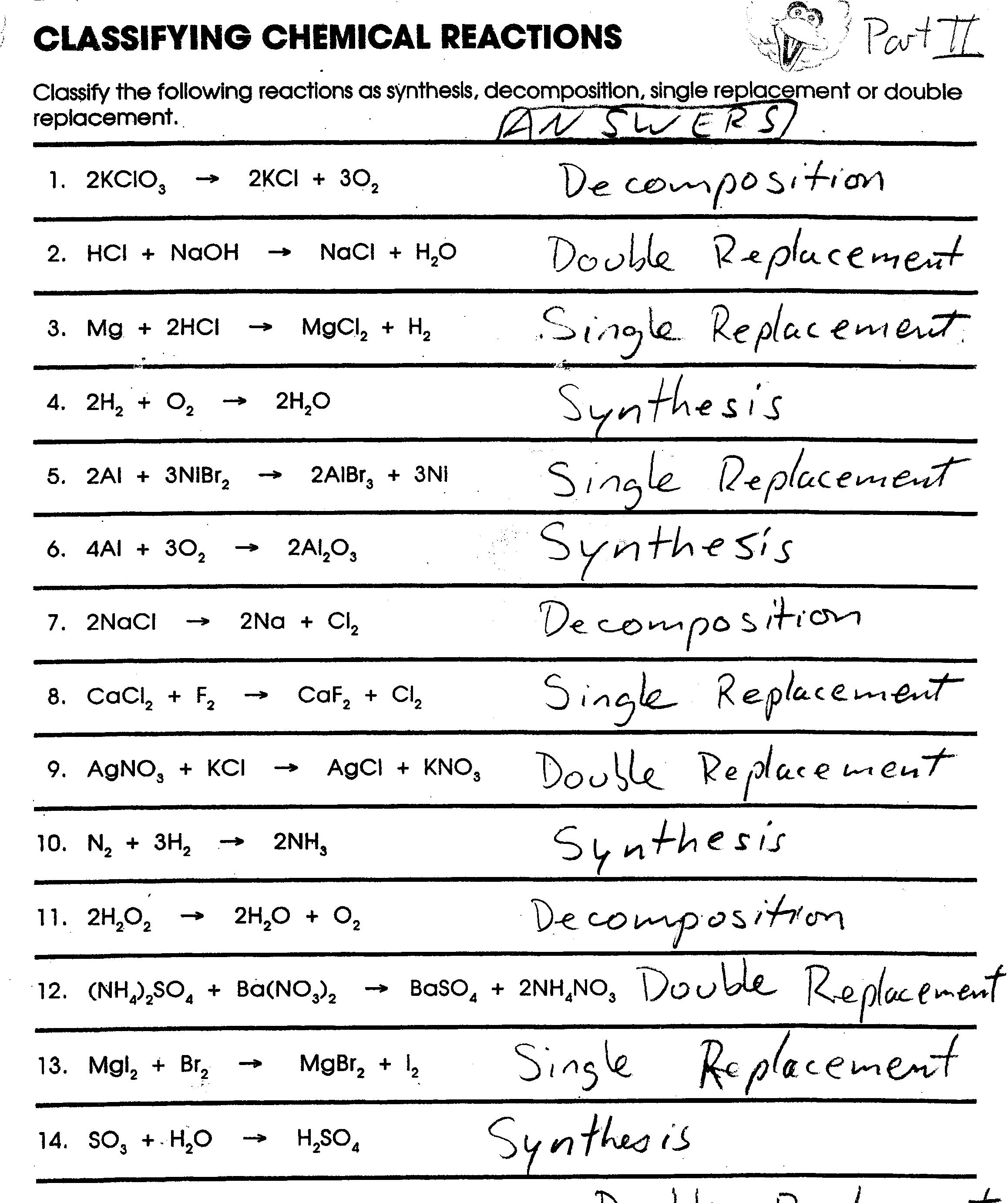 Classifying Chemical Reactions Worksheet Key