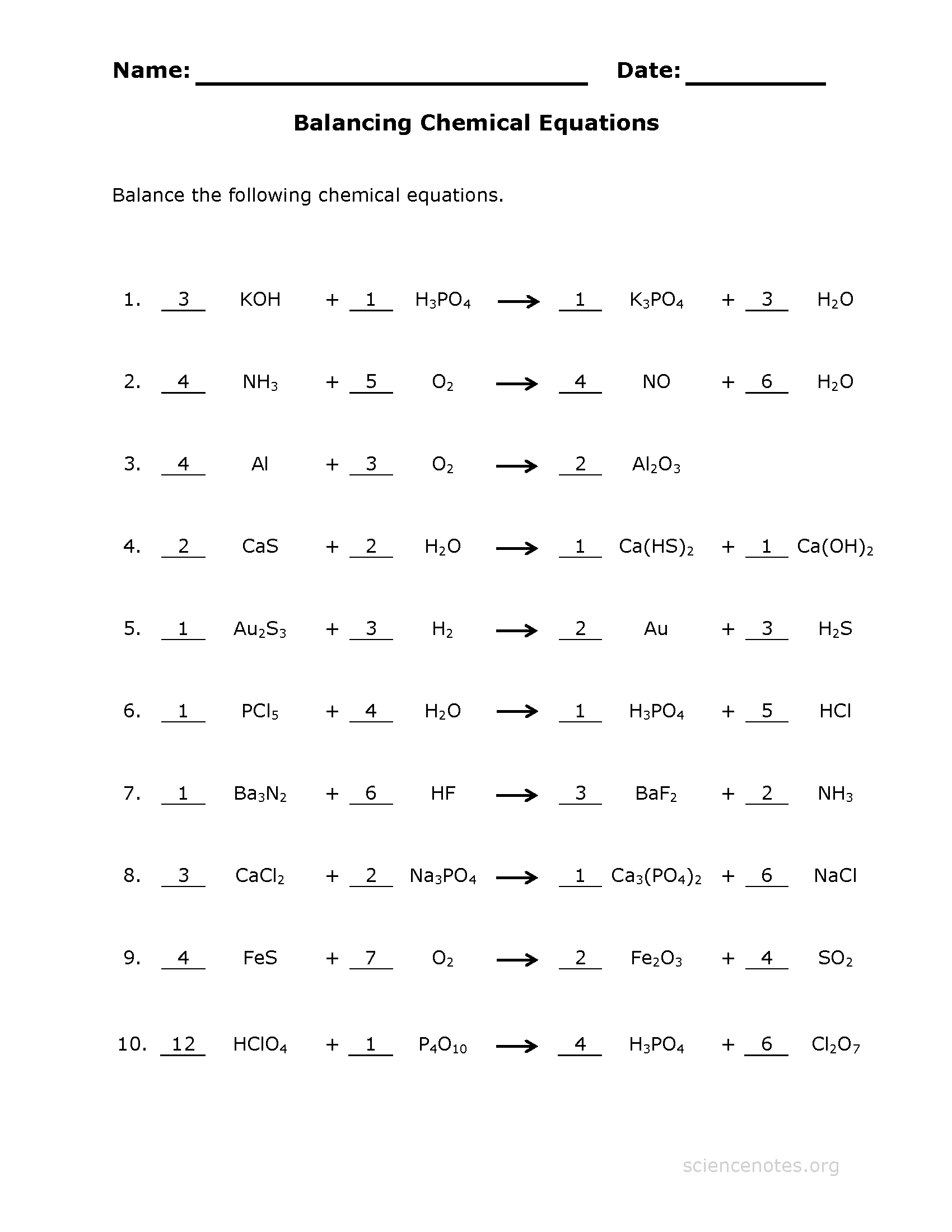 Collection Of Balancing Chemical Equations Worksheet Medium