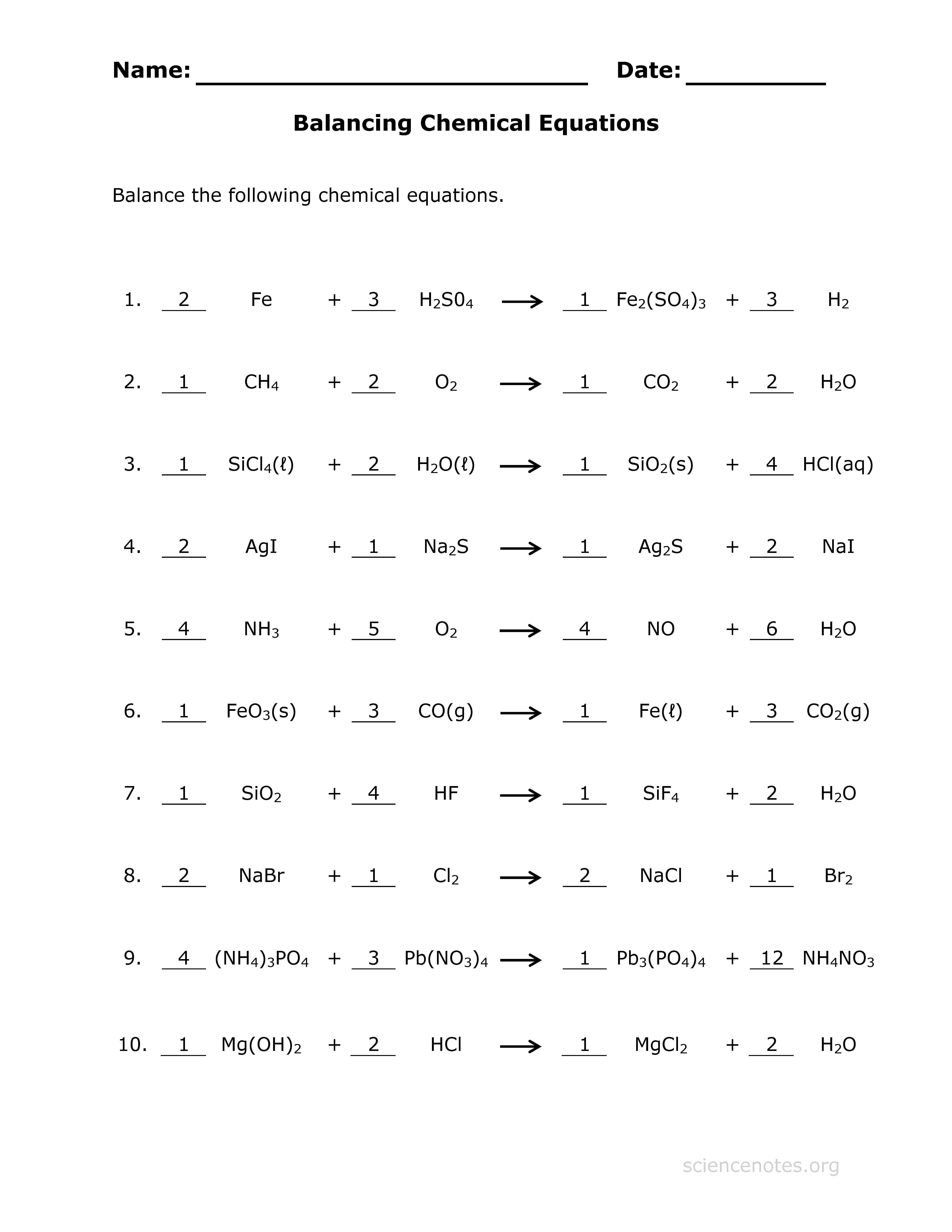 Collection Of Chemistry Balancing Chemical Equations Worksheet Key