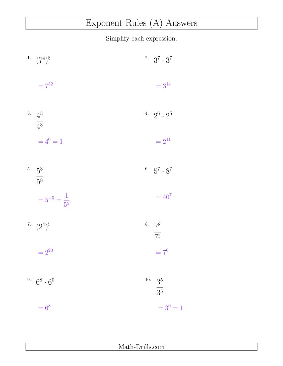 Collection Of Worksheet On Exponents Rules