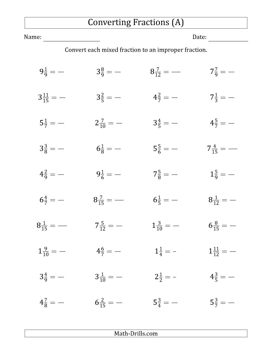 Converting Mixed Fractions To Improper Fractions (a)