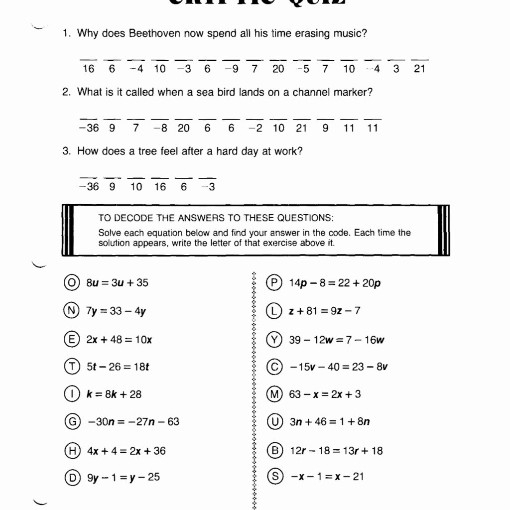 Cryptic Quiz Math Worksheets
