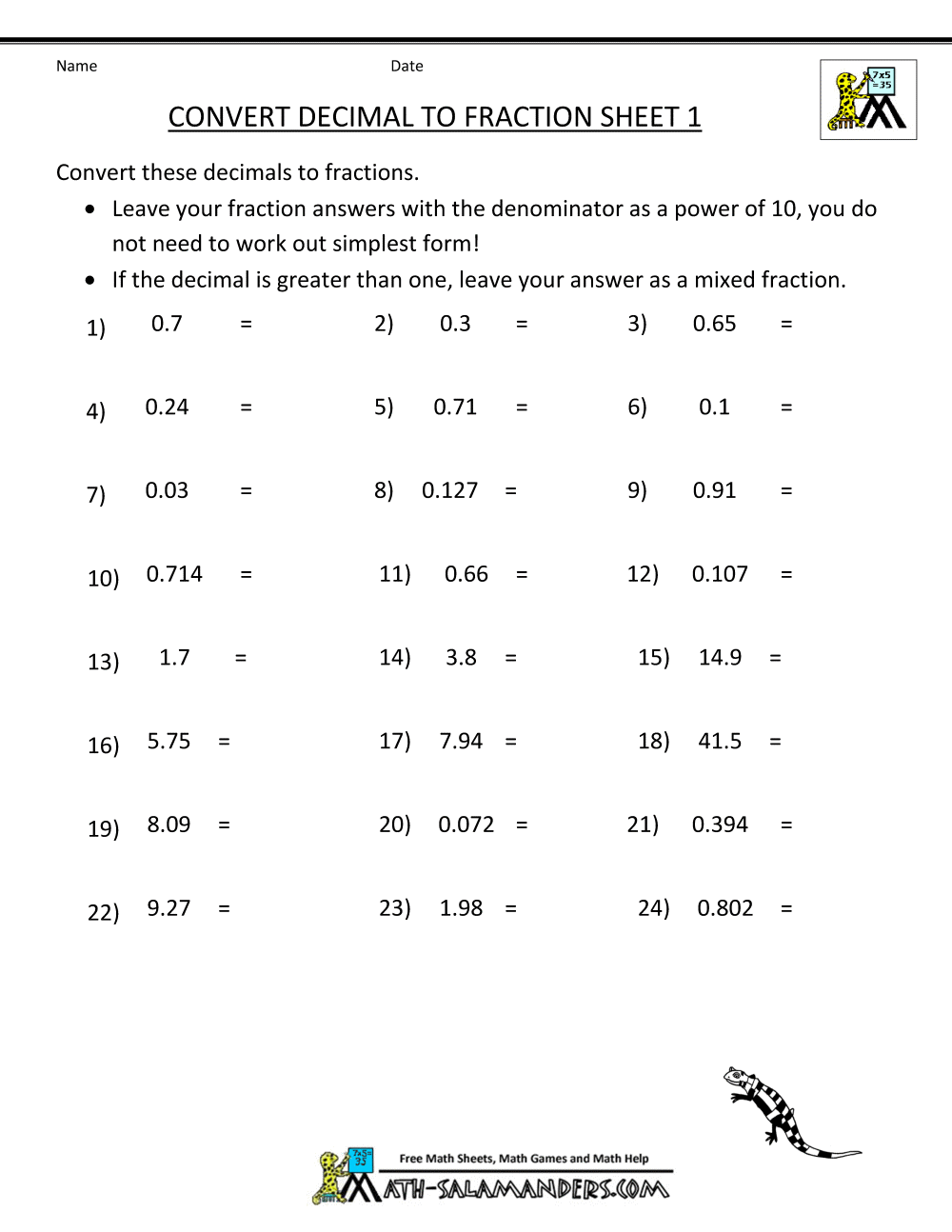 Decimals  Changing Decimal Toraction Convert Decimals