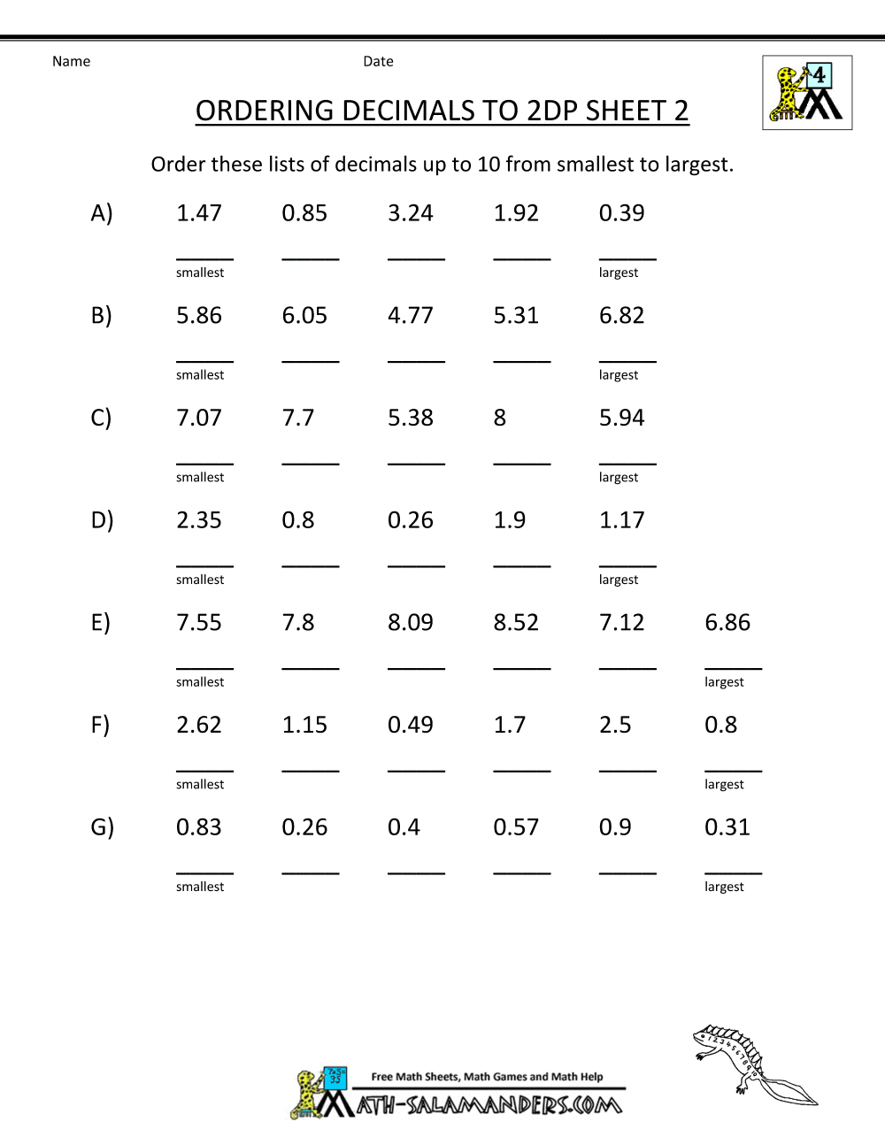 Decimals  Free Decimal Worksheets Ordering Decimals 2dp Read And