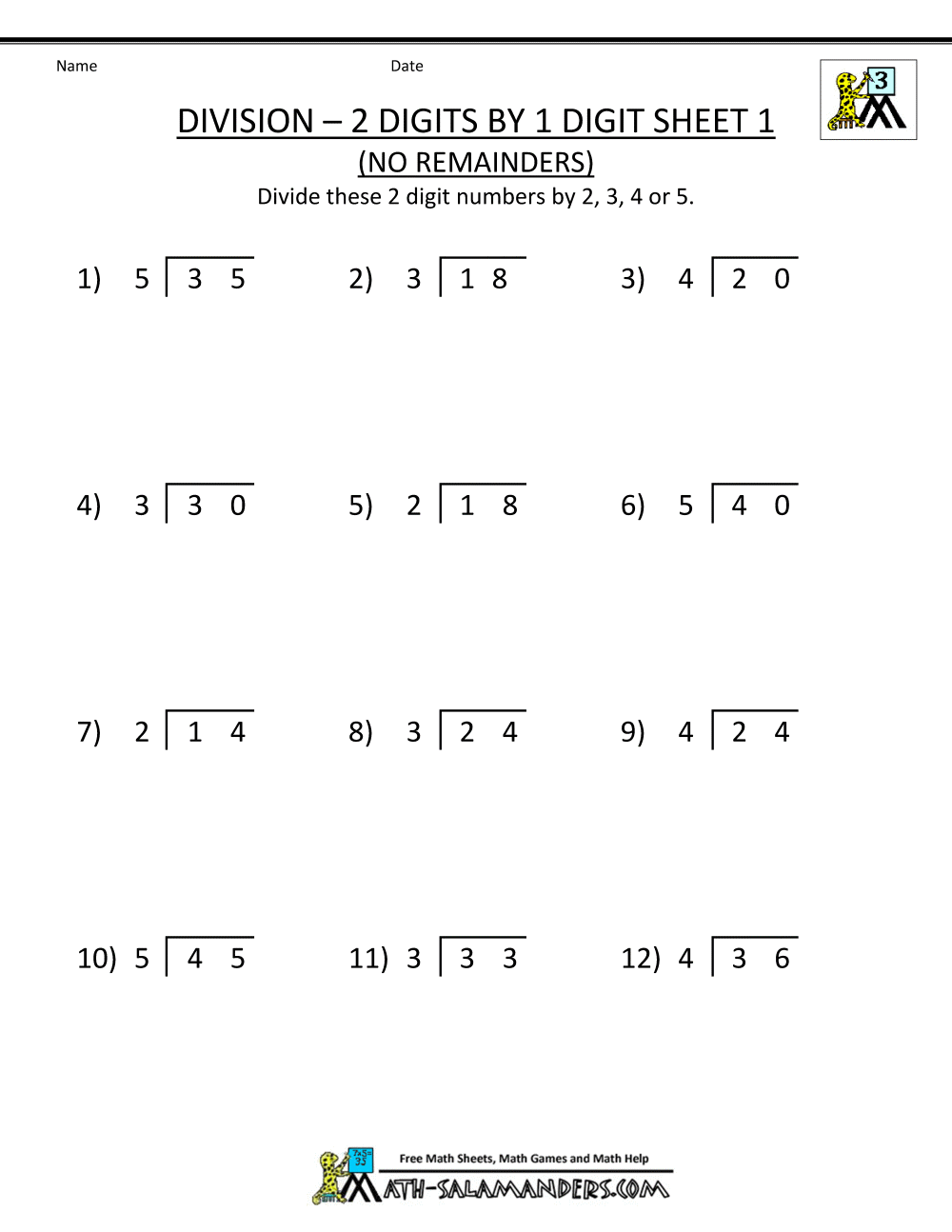 Divisions  Division Worksheets No Remaindersrd Grade Sheets Digits