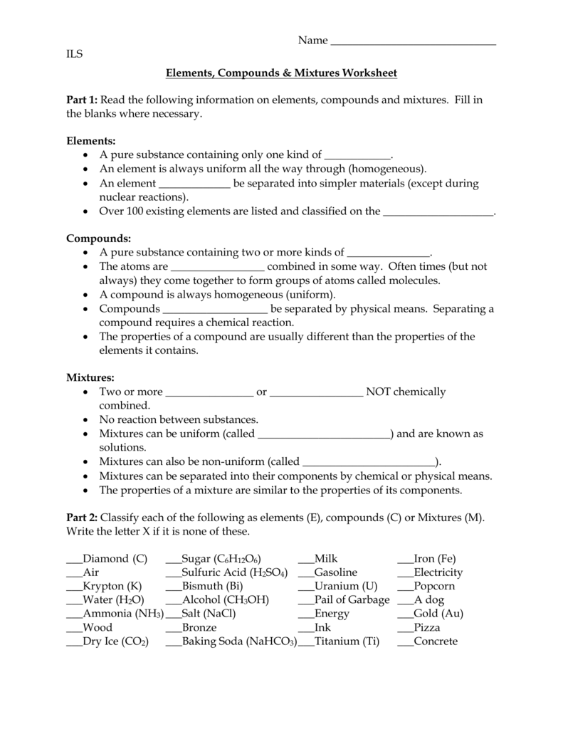 Elements Compounds Mixtures Worksheet And Answers