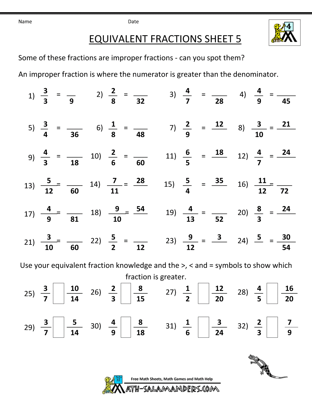 Fractions  Equivalent Fractions Worksheet Printable Fraction