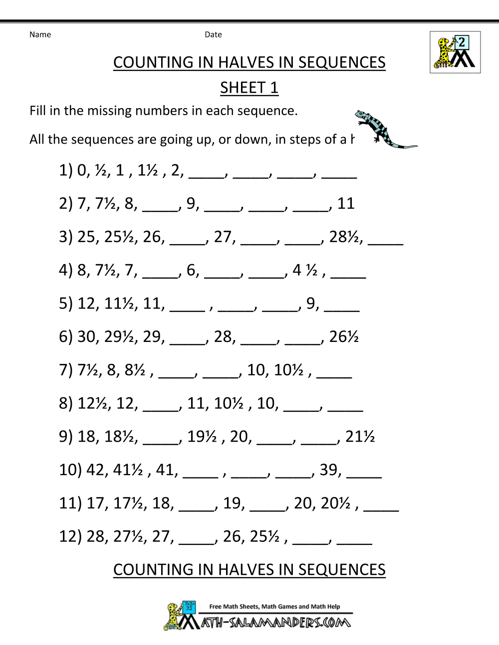 Fractions  Printablen Worksheets Sequences Half Of Numbers
