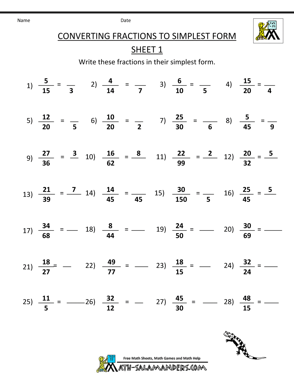 Fractions In Simplest Form 1