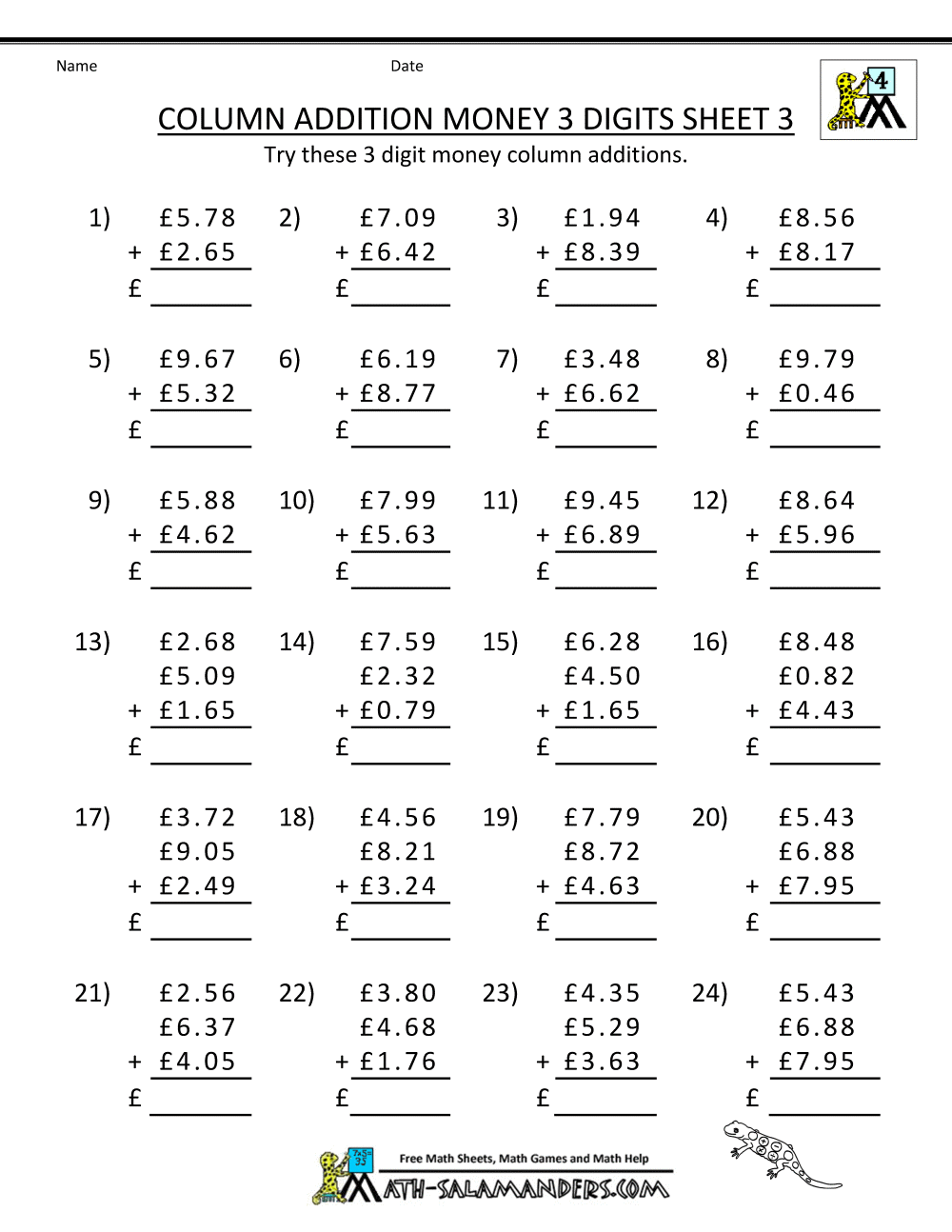 Free Printable Money Worksheets (Â£)