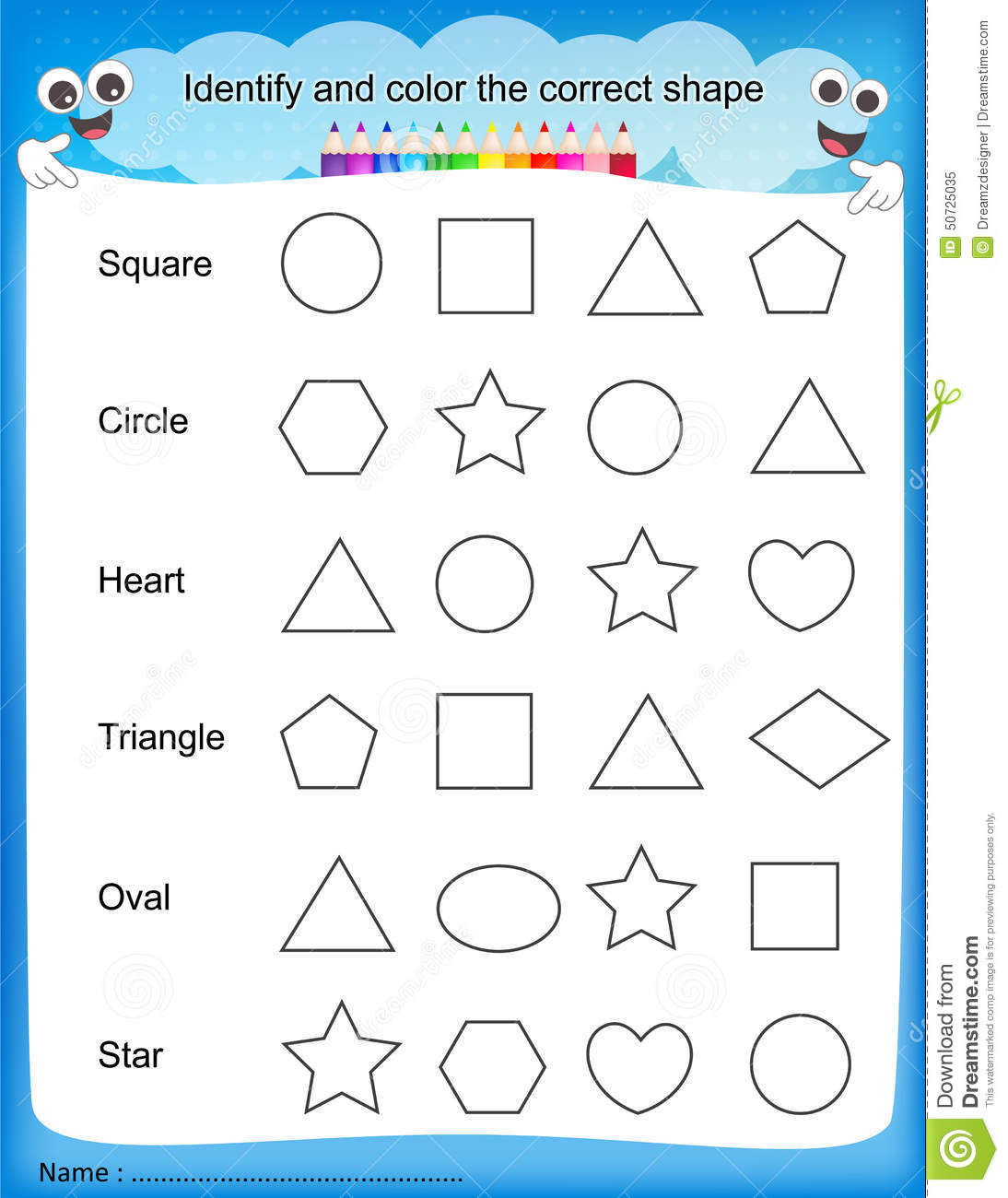Identify And Color The Correct Shape Worksheet Stock Vector