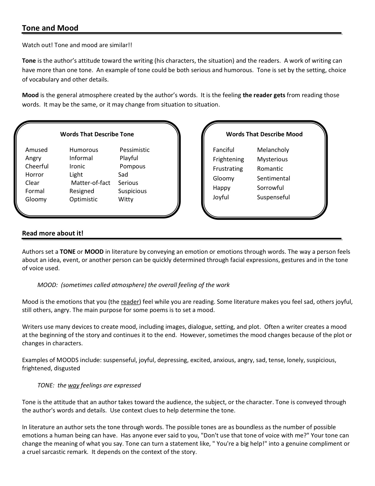 Identifying Tone And Mood Worksheet The Best Worksheets Image