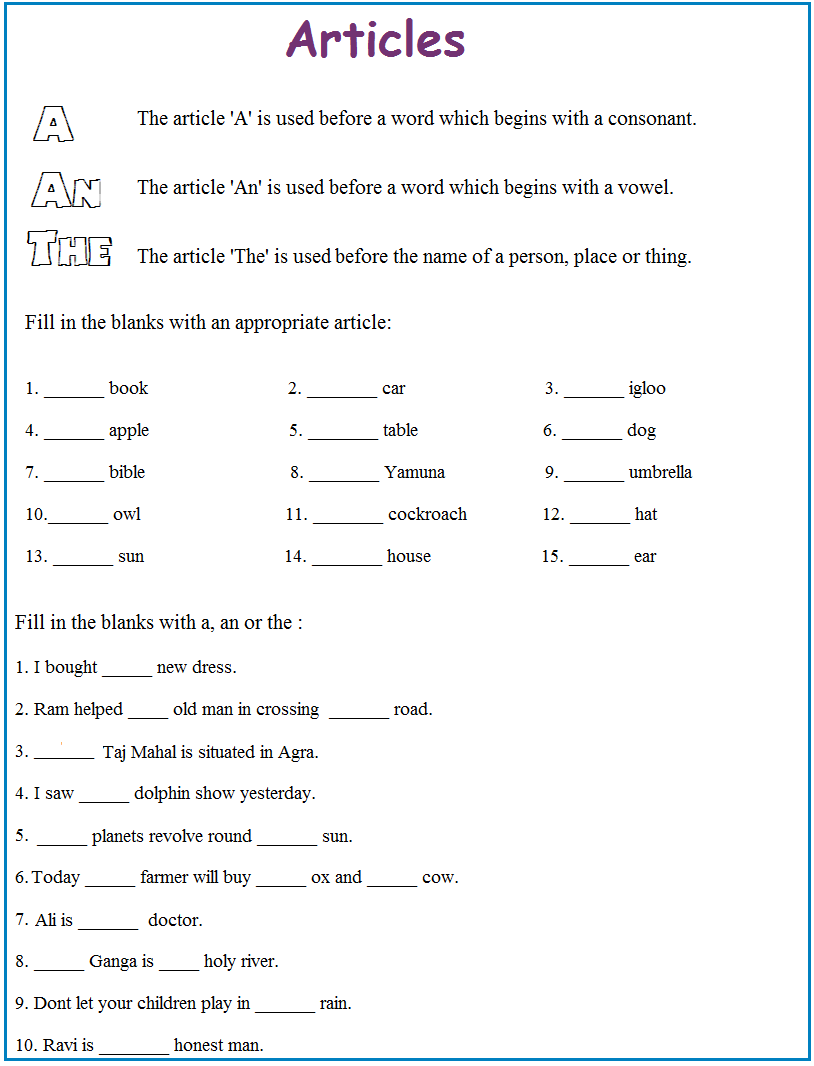Kids  Articles Worksheet For Grade 2  Practise Sheet On Articles