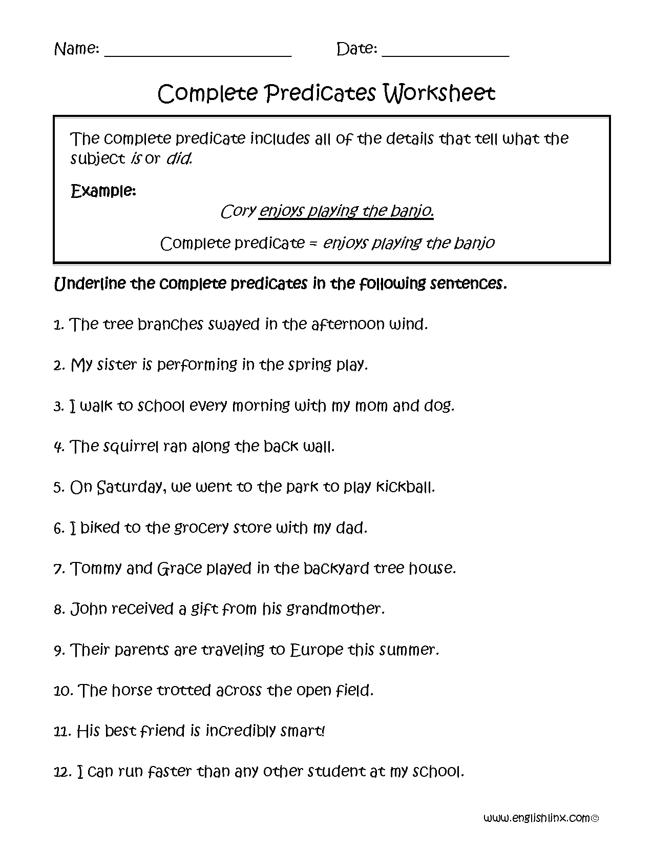Kids  Subjects Worksheets  Worksheet Complete Subjects And