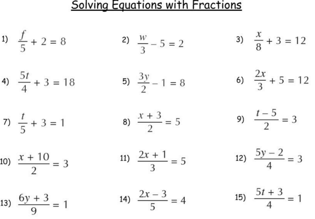 Kindergarten 2 Step Equations With Fractions Worksheet