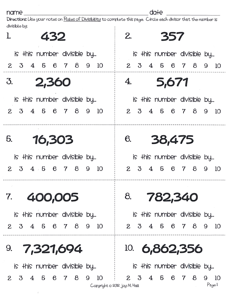 Kindergarten  Divisibility Tests Worksheet Acumen Rules Games