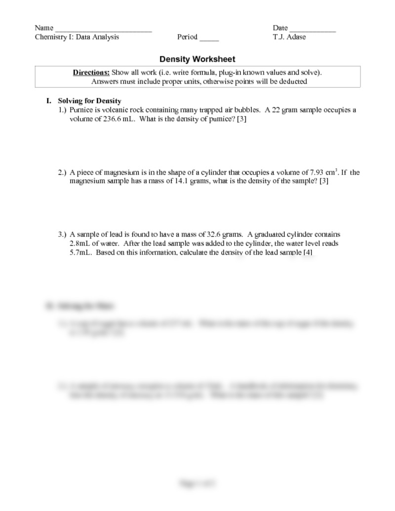 Likesoy Â» Worksheet 3 4 Density Pdf Pre Ap Chemistry With Adase At