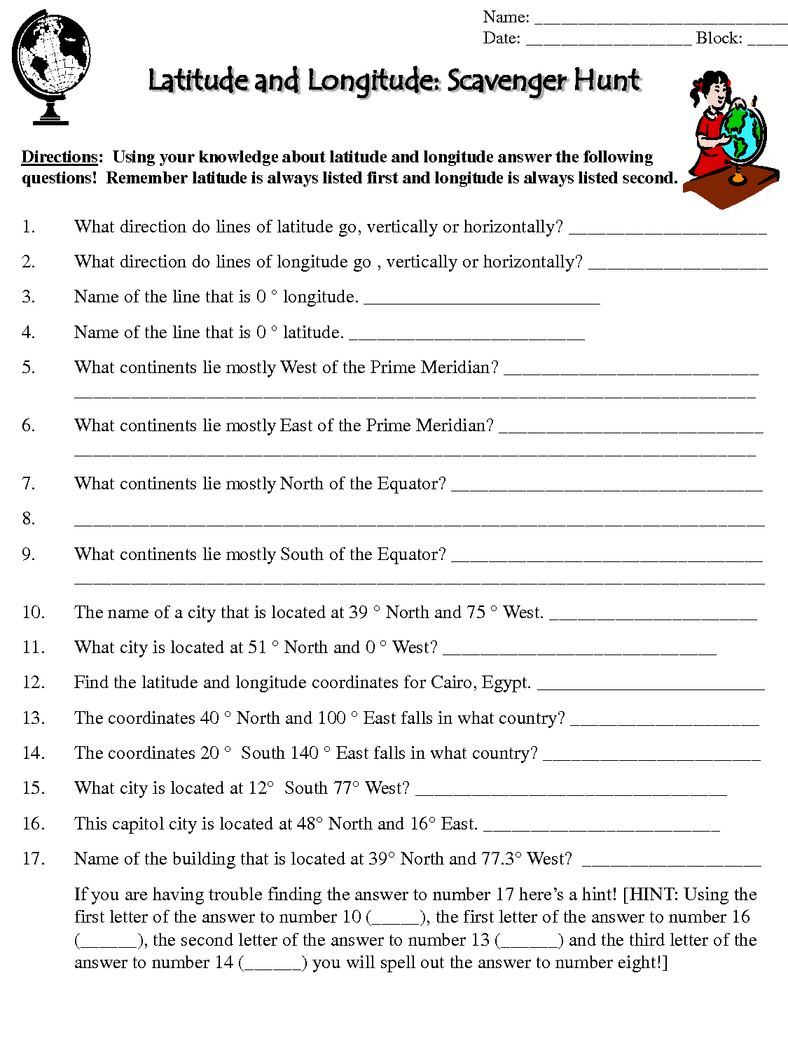 Lines Of Latitude And Longitude Worksheets