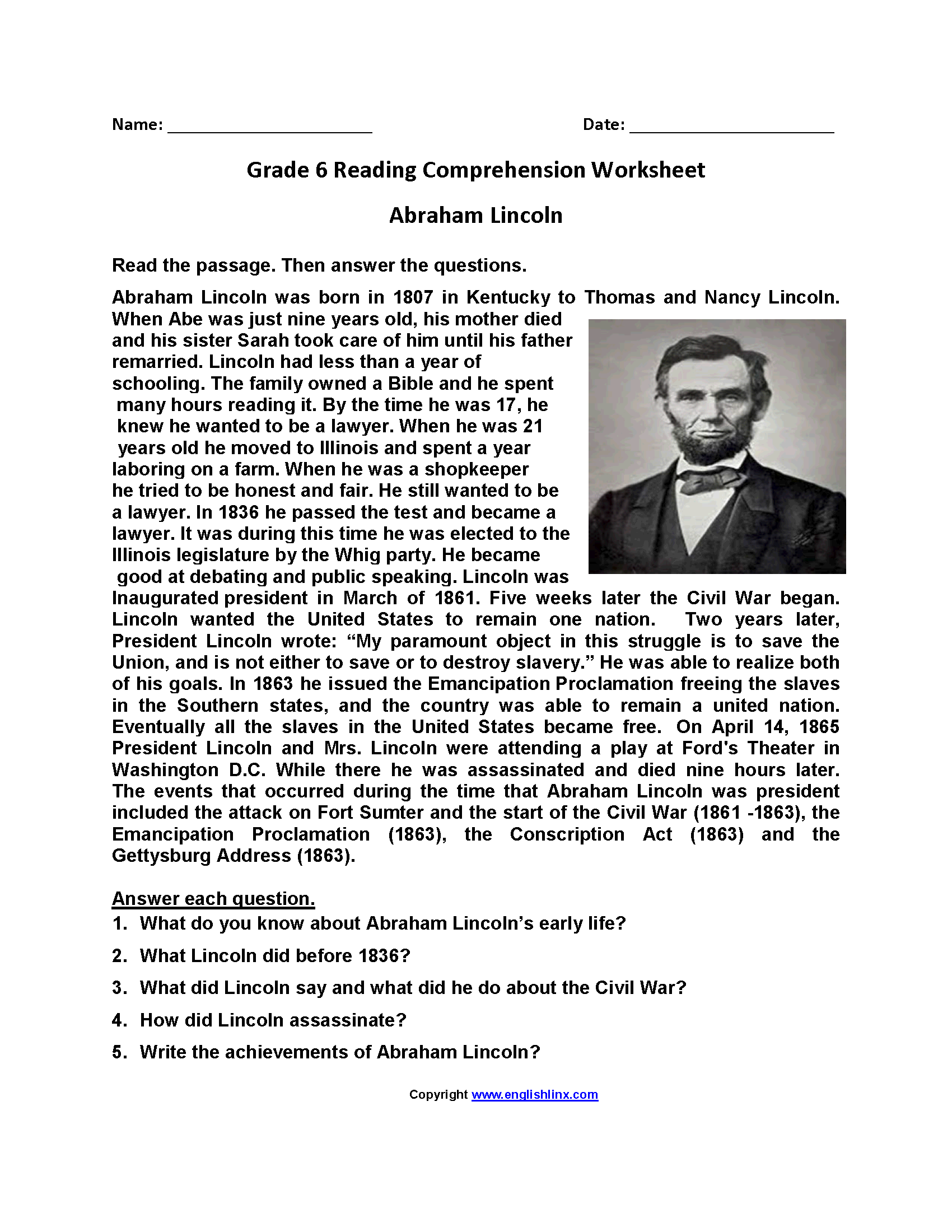 Math  Free Grade 6 Reading Comprehension Worksheets  Reading