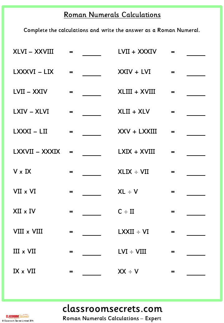 Math Worksheets On Roman Numerals 200436