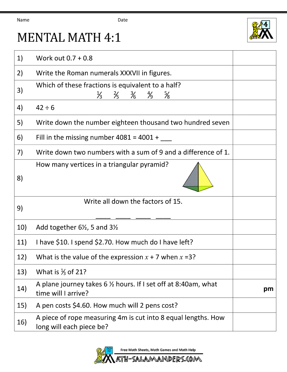 Mental Math 4th Grade