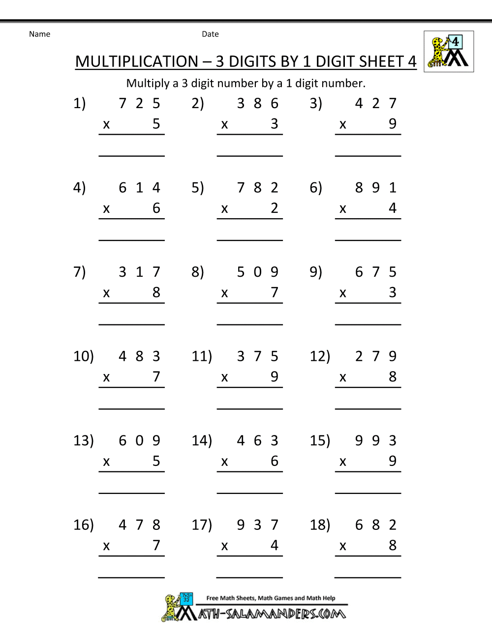 Multiplication Sheet 4th Grade