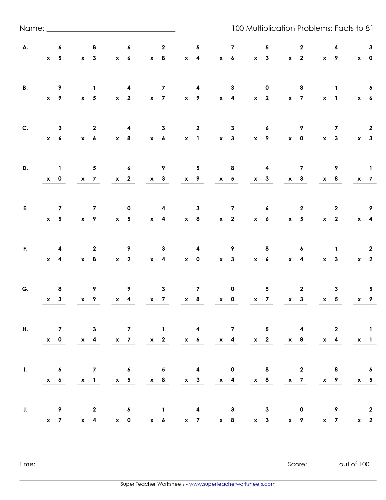 Multiplication Worksheets 100 Problems Timed Tests The Best