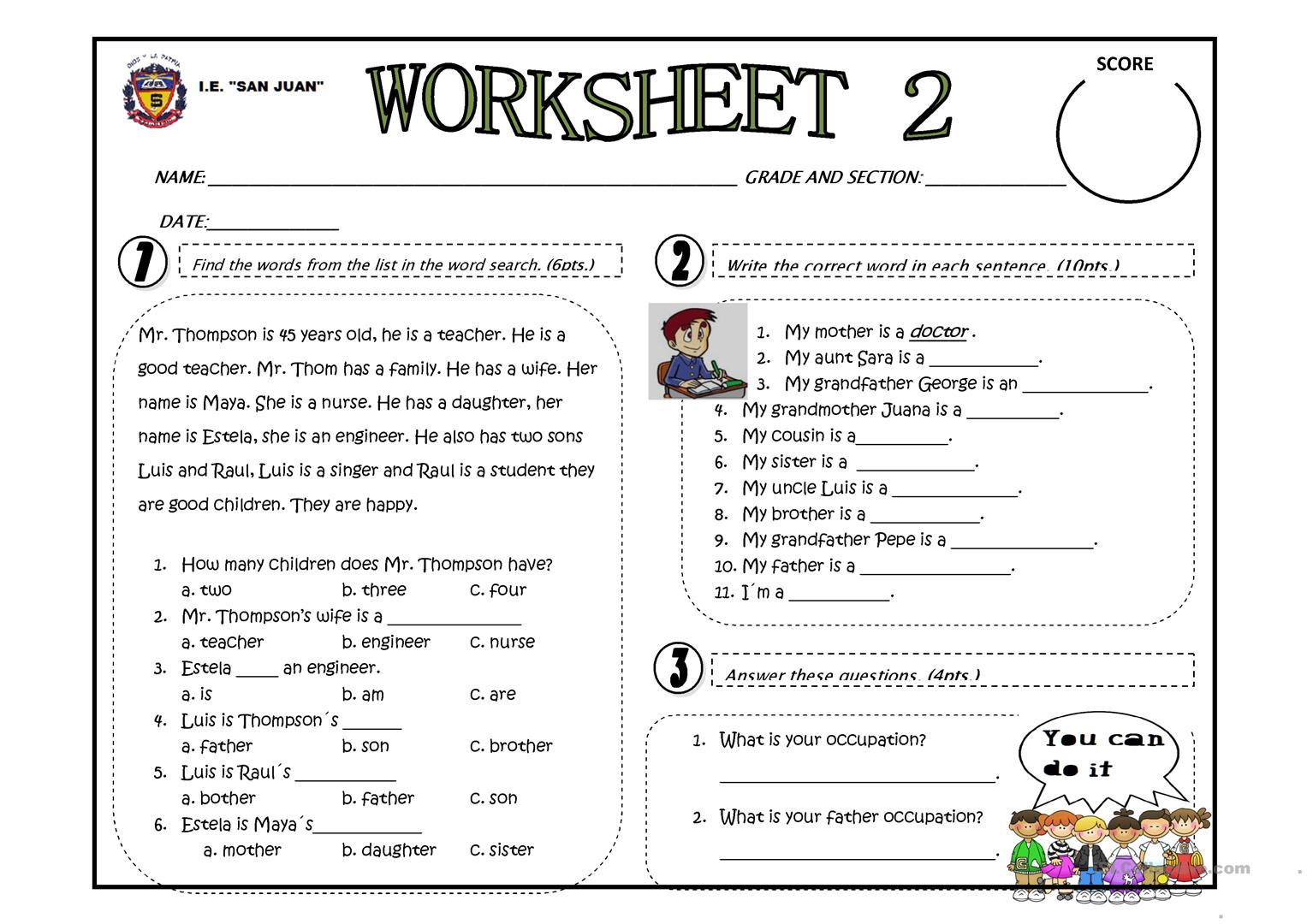 My Family Occupation Worksheet
