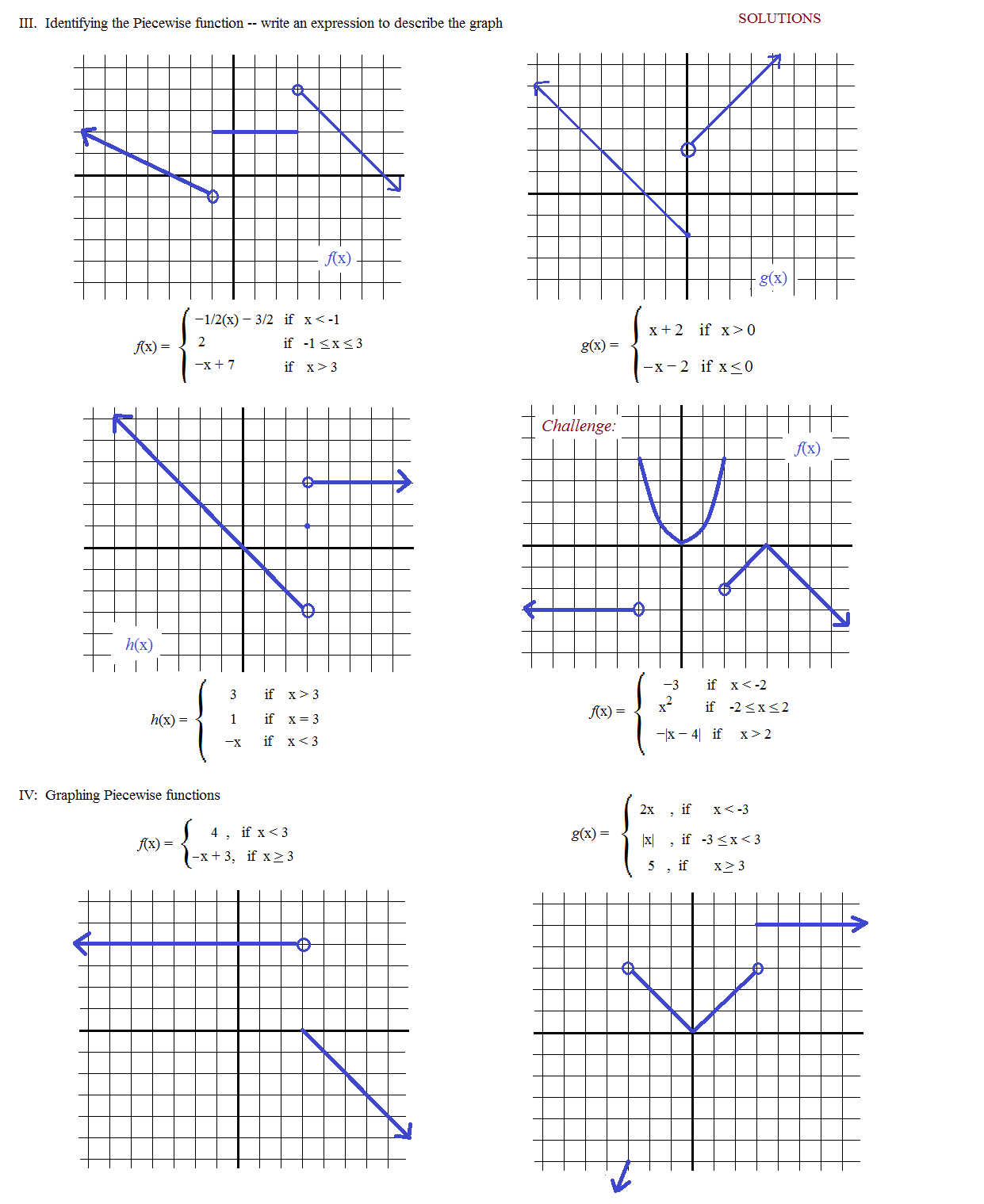 Piecewise Linear Function Worksheets