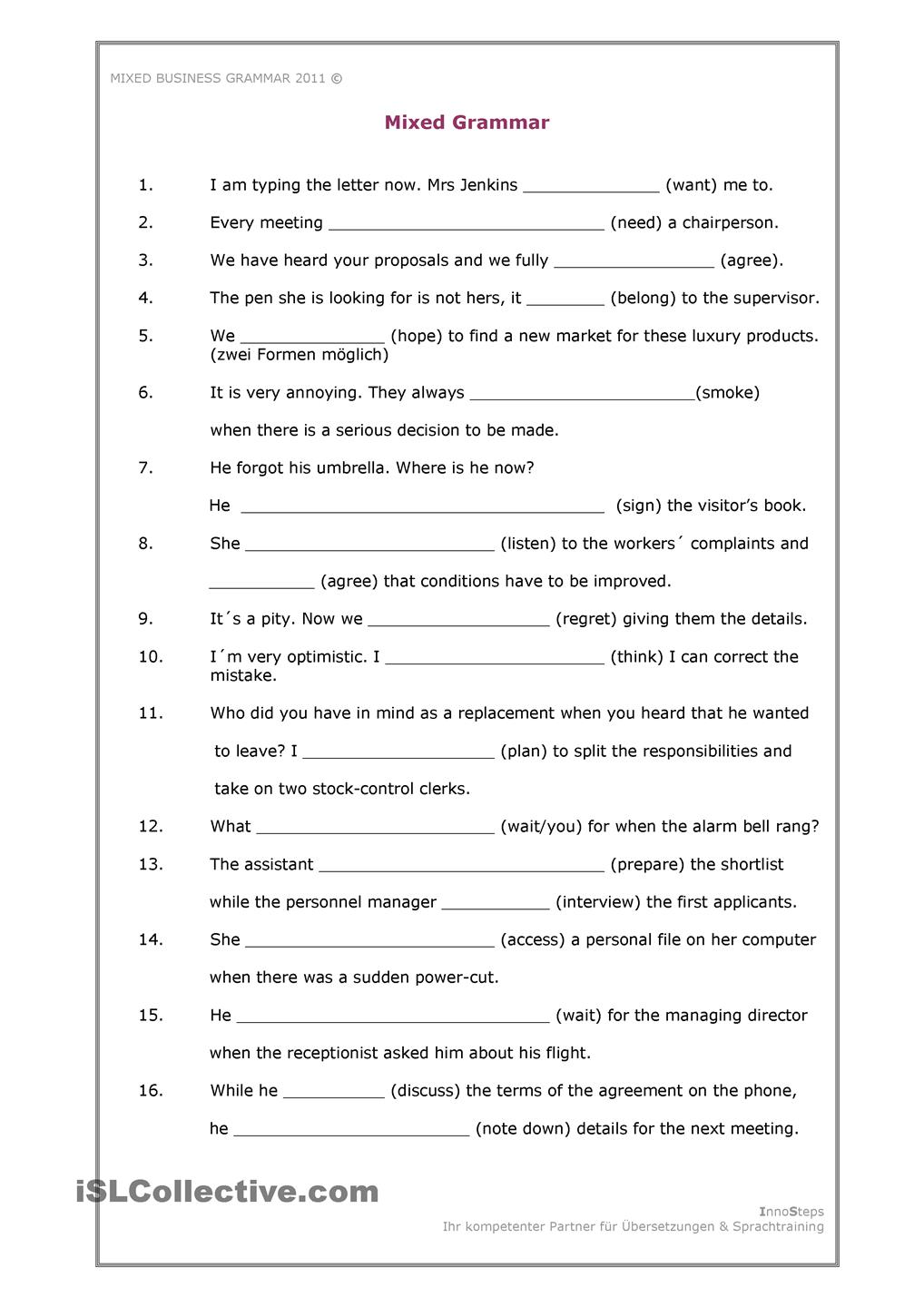 Pleasant Free Business English Grammar Worksheets On Mixed