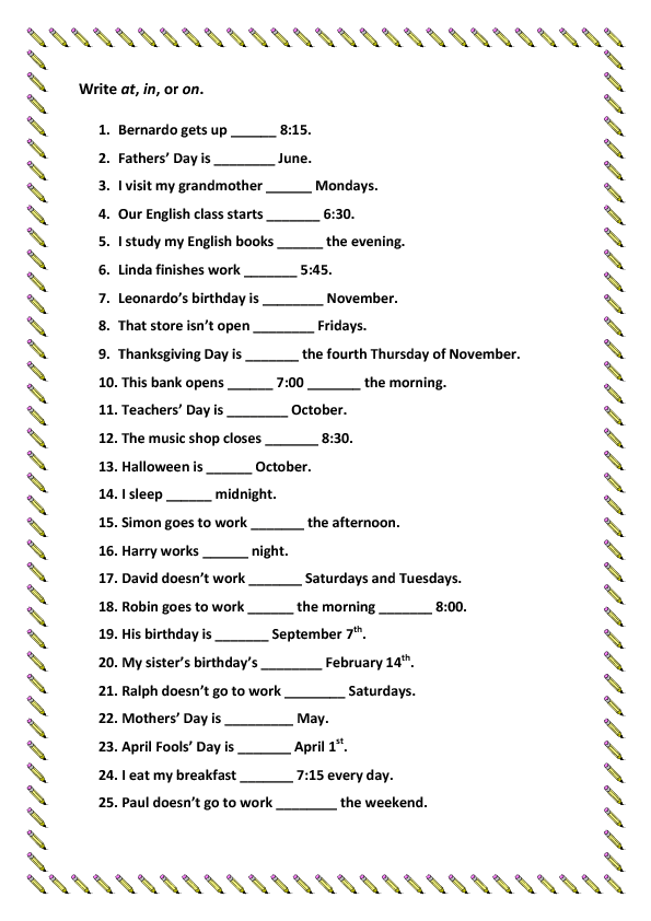 Prepositions Of Time Worksheet