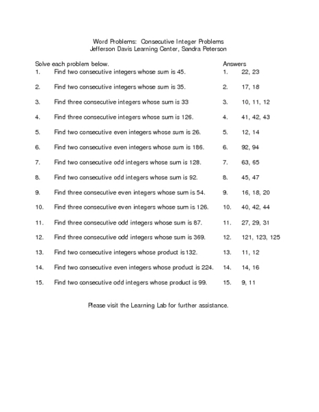 Problem Solving With Integers Worksheet