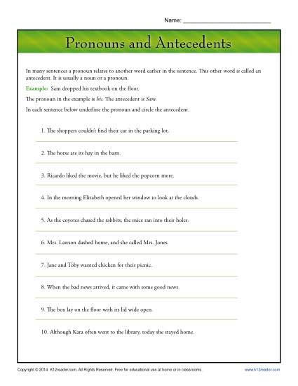 Pronoun And Antecedent Worksheets